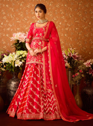 Raspberry Red Maroon Kurta Lehenga Set by Shyam Narayan Prasad available on Indiaspopup.com