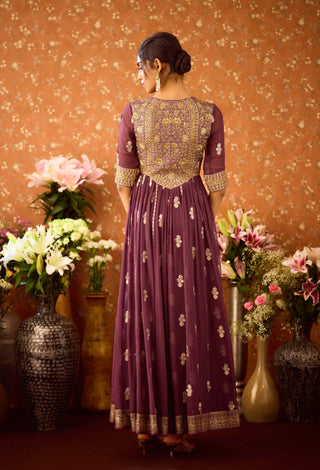 Prune Purple Anarkali Set by Shyam Narayan Prasad available on Indiaspopup.com