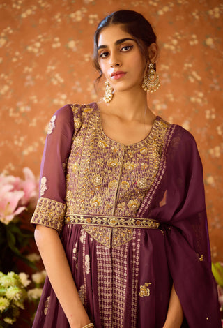 Prune Purple Anarkali Set by Shyam Narayan Prasad available on Indiaspopup.com