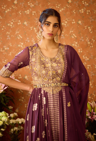 Prune Purple Anarkali Set by Shyam Narayan Prasad available on Indiaspopup.com