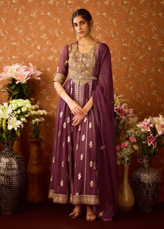 Prune Purple Anarkali Set by Shyam Narayan Prasad available on Indiaspopup.com