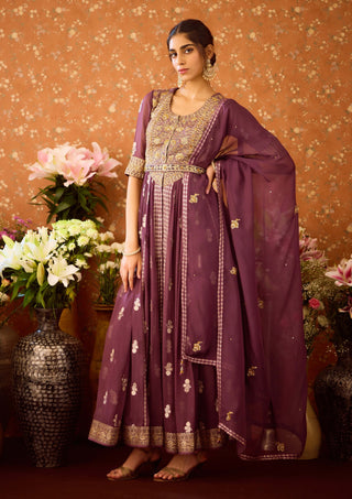 Prune Purple Anarkali Set by Shyam Narayan Prasad available on Indiaspopup.com