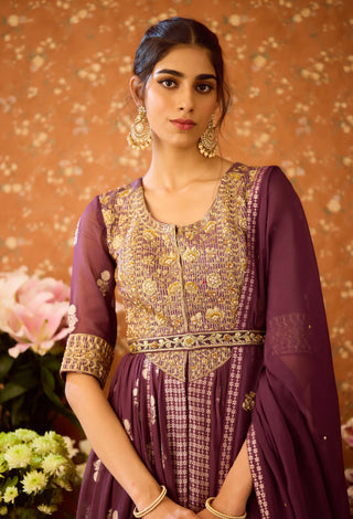 Prune Purple Anarkali Set by Shyam Narayan Prasad available on Indiaspopup.com