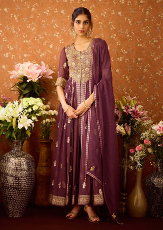 Prune Purple Anarkali Set by Shyam Narayan Prasad available on Indiaspopup.com