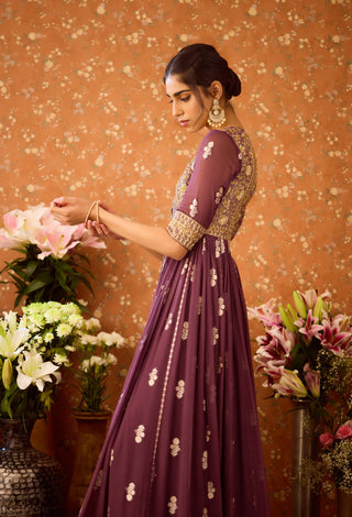 Prune Purple Anarkali Set by Shyam Narayan Prasad available on Indiaspopup.com