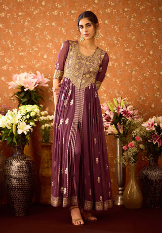 Prune Purple Anarkali Set by Shyam Narayan Prasad available on Indiaspopup.com