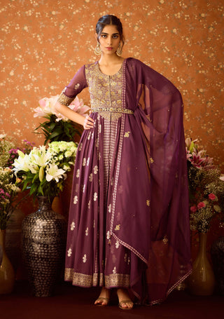 Prune Purple Anarkali Set by Shyam Narayan Prasad available on Indiaspopup.com