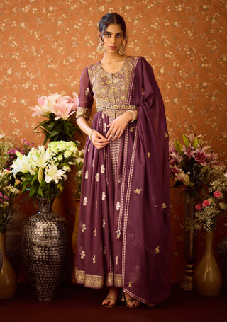 Prune Purple Anarkali Set by Shyam Narayan Prasad available on Indiaspopup.com