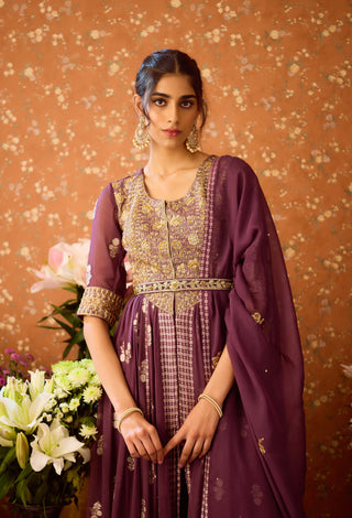 Prune Purple Anarkali Set by Shyam Narayan Prasad available on Indiaspopup.com