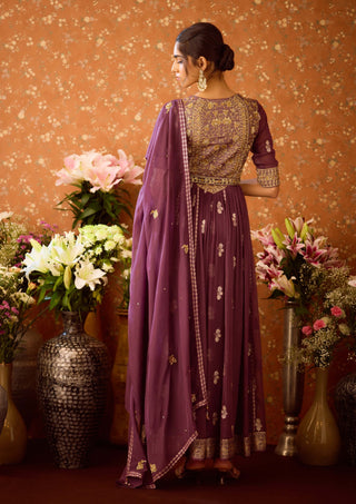 Prune Purple Anarkali Set by Shyam Narayan Prasad available on Indiaspopup.com