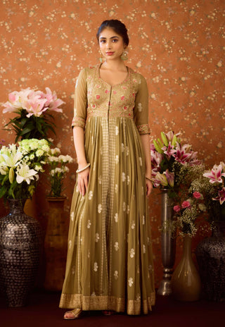 Gray Green Anarkali Suit by Shyam Narayan Prasad available on Indiaspopup.com