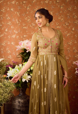 Gray Green Anarkali Suit by Shyam Narayan Prasad available on Indiaspopup.com