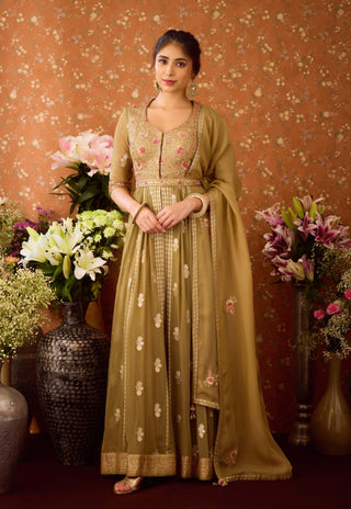 Gray Green Anarkali Suit by Shyam Narayan Prasad available on Indiaspopup.com