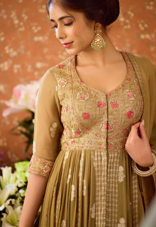 Gray Green Anarkali Suit by Shyam Narayan Prasad available on Indiaspopup.com