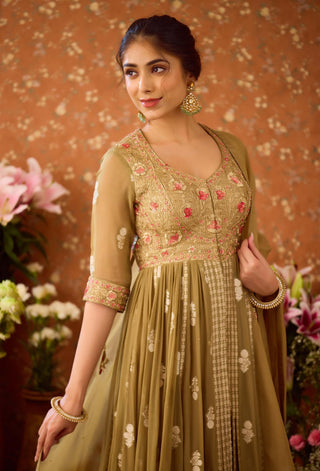 Gray green anarkali suit