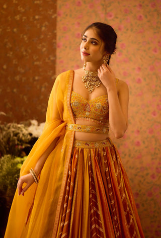 Gold Yellow Mustard Lehenga Set by Shyam Narayan Prasad available on Indiaspopup.com