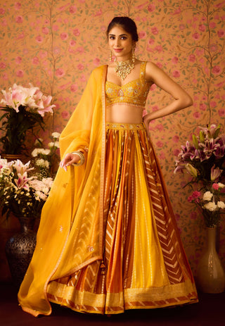 Gold Yellow Mustard Lehenga Set by Shyam Narayan Prasad available on Indiaspopup.com