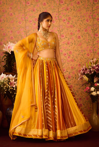 Gold Yellow Mustard Lehenga Set by Shyam Narayan Prasad available on Indiaspopup.com