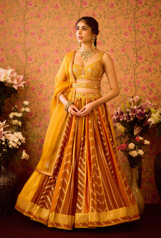 Gold Yellow Mustard Lehenga Set by Shyam Narayan Prasad available on Indiaspopup.com