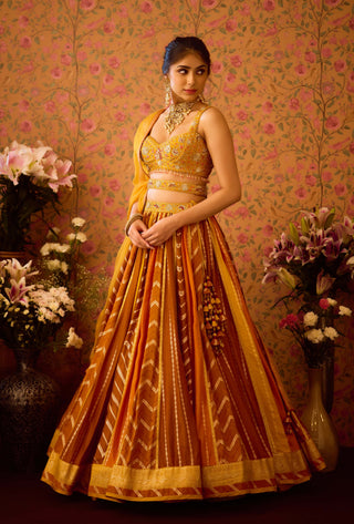 Gold Yellow Mustard Lehenga Set by Shyam Narayan Prasad available on Indiaspopup.com