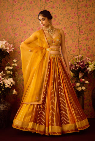 Gold Yellow Mustard Lehenga Set by Shyam Narayan Prasad available on Indiaspopup.com