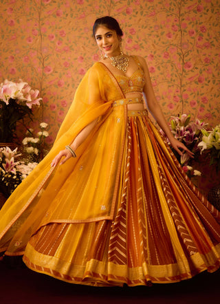 Gold Yellow Mustard Lehenga Set by Shyam Narayan Prasad available on Indiaspopup.com