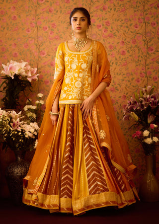 Yam Golden Yellow Mustard Lehenga Set by Shyam Narayan Prasad available on Indiaspopup.com