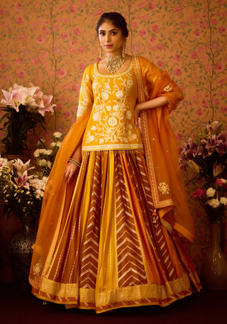 Yam Golden Yellow Mustard Lehenga Set by Shyam Narayan Prasad available on Indiaspopup.com