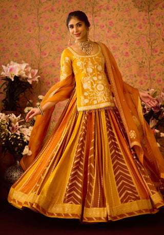 Yam Golden Yellow Mustard Lehenga Set by Shyam Narayan Prasad available on Indiaspopup.com