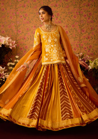 Yam Golden Yellow Mustard Lehenga Set by Shyam Narayan Prasad available on Indiaspopup.com