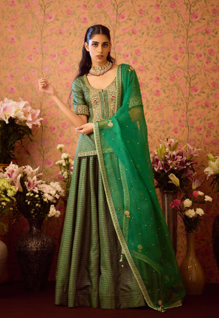 Smoke Green Kurta Lehenga Set by Shyam Narayan Prasad available on Indiaspopup.com