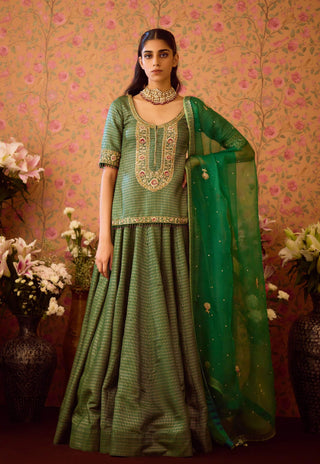 Smoke Green Kurta Lehenga Set by Shyam Narayan Prasad available on Indiaspopup.com