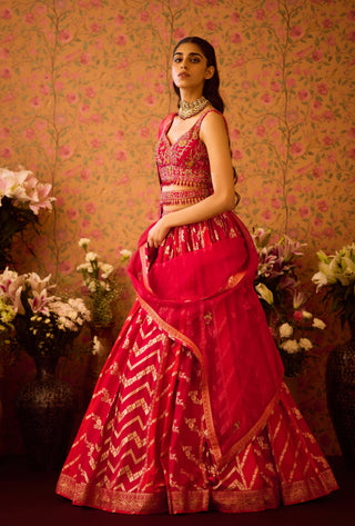 Scarlet Red Maroon Lehenga Set by Shyam Narayan Prasad available on Indiaspopup.com