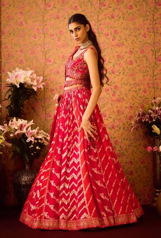 Scarlet Red Maroon Lehenga Set by Shyam Narayan Prasad available on Indiaspopup.com