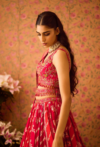 Scarlet Red Maroon Lehenga Set by Shyam Narayan Prasad available on Indiaspopup.com