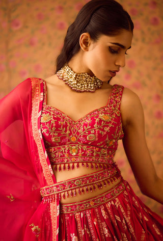 Scarlet Red Maroon Lehenga Set by Shyam Narayan Prasad available on Indiaspopup.com