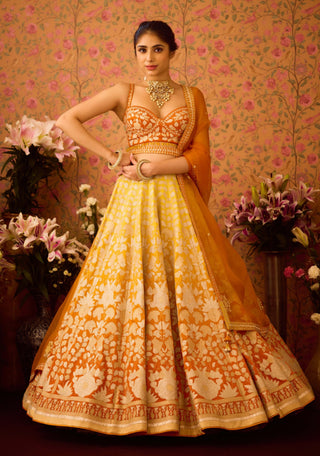 Spectra Yellow Orange Lehenga Set by Shyam Narayan Prasad available on Indiaspopup.com