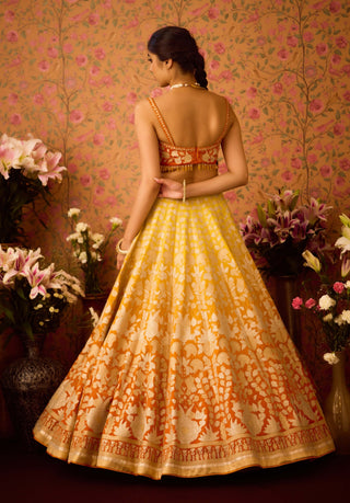 Spectra Yellow Orange Lehenga Set by Shyam Narayan Prasad available on Indiaspopup.com