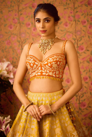 Spectra Yellow Orange Lehenga Set by Shyam Narayan Prasad available on Indiaspopup.com