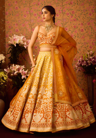 Spectra Yellow Orange Lehenga Set by Shyam Narayan Prasad available on Indiaspopup.com