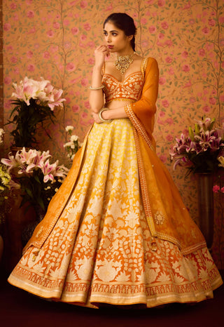 Spectra Yellow Orange Lehenga Set by Shyam Narayan Prasad available on Indiaspopup.com