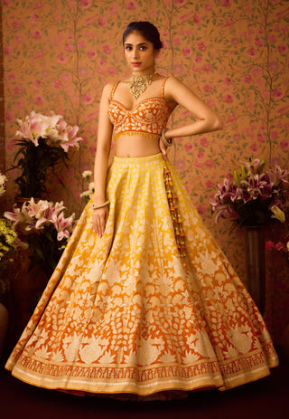 Spectra Yellow Orange Lehenga Set by Shyam Narayan Prasad available on Indiaspopup.com