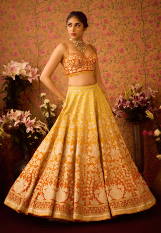 Spectra Yellow Orange Lehenga Set by Shyam Narayan Prasad available on Indiaspopup.com