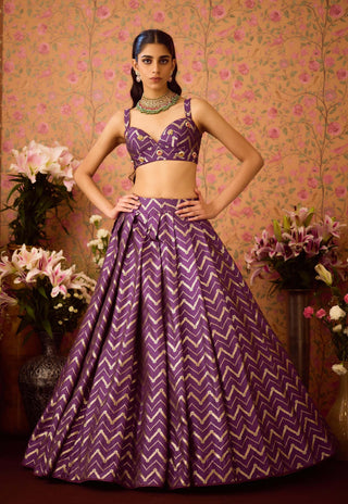 Purple Wine Pleated Brocade Lehenga Set by Shyam Narayan Prasad available on Indiaspopup.com