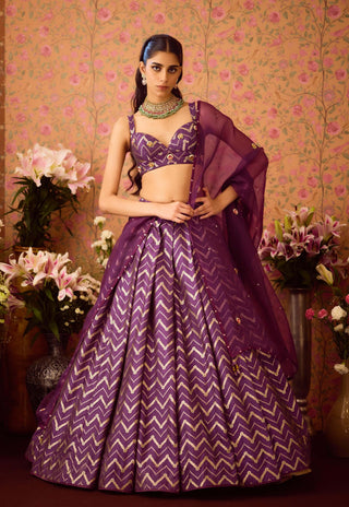 Purple Wine Pleated Brocade Lehenga Set by Shyam Narayan Prasad available on Indiaspopup.com