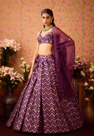 Purple Wine Pleated Brocade Lehenga Set by Shyam Narayan Prasad available on Indiaspopup.com