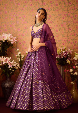 Purple Wine Pleated Brocade Lehenga Set by Shyam Narayan Prasad available on Indiaspopup.com