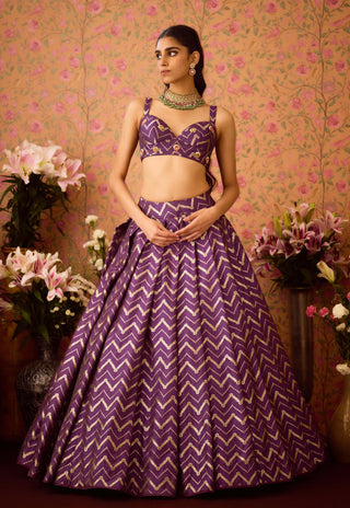 Purple Wine Pleated Brocade Lehenga Set by Shyam Narayan Prasad available on Indiaspopup.com