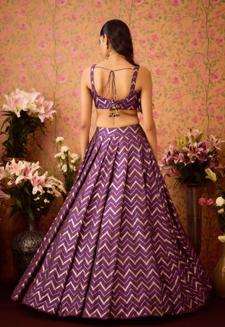 Purple Wine Pleated Brocade Lehenga Set by Shyam Narayan Prasad available on Indiaspopup.com