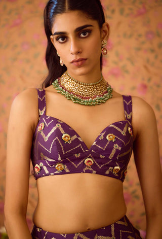 Purple Wine Pleated Brocade Lehenga Set by Shyam Narayan Prasad available on Indiaspopup.com